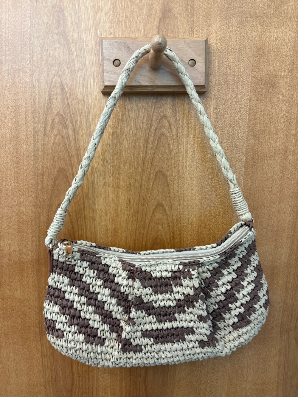 Woven Chevron Shoulder Bag in Cream and Brown
